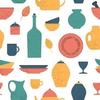 Seamless pattern of clay kitchenware icons. Abstract background of plates, cups, bowls, dishes, glasses, jugs and vases vector