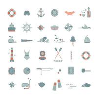 Vector set of flat icons on the theme of the sea, navigation, sea travel, tourism, diving. Nautical illustration of objects of seafaring