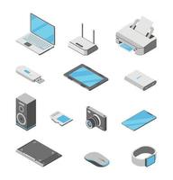 Vector isometric icons of office equipment, portable electronics. Set of 3d computer gadgets, devices, digital technologies