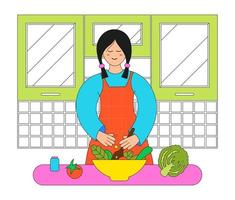 Girl in the kitchen preparing salad, flat vector illustration. Woman cooking healthy food, stirs fresh vegetables and spices in a bowl