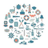 Vector sticker icon set on the theme of the sea, navigation, travel, tourism, diving. Nautical illustration of seafaring objects, sailing equipment