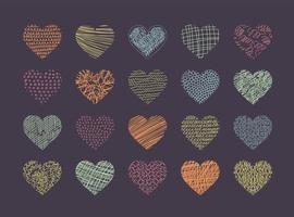 Vector set of abstract heart shaped backgrounds. Contemporary concept trend illustration. Patterns of hand drawn curves, lines, spots. Doodle icons set for social networks, posters, design templates