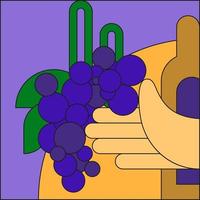 The hand holds grapes. Vector flat illustration on the theme of viticulture and agriculture. Stylized grapevine symbol, icon for farming. Trendy postcard from geometric shapes