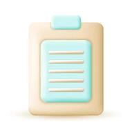 3d realistic clipboard icon for business tasks. Object in cartoon style, vector illustration