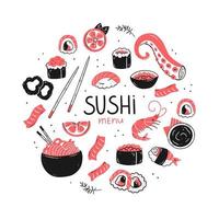Japanese sushi food round shape. Elements of Asian cuisine in a round shape. Sushi menu concept. Vector food illustration.