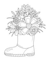 A rubber boot with flowers. Coloring book for children and adults. Coloring page with flowers. Vector illustration.