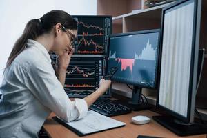 Great ideas starts from small rooms. Woman working online in the office with multiple computer screens in index charts photo