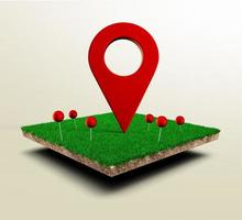 Red pushpin, navigation symbol. Red navigator pin on Square of green grass field 3d illustration photo