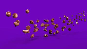 Delicious dark chocolate chips flowing in the air purple background. Copy space 3d rendering 3d illustration photo