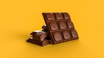 cerrar barra de chocolate con leche aislada sobre fondo de mostaza montón de trozos de chocolate ilustración 3d foto