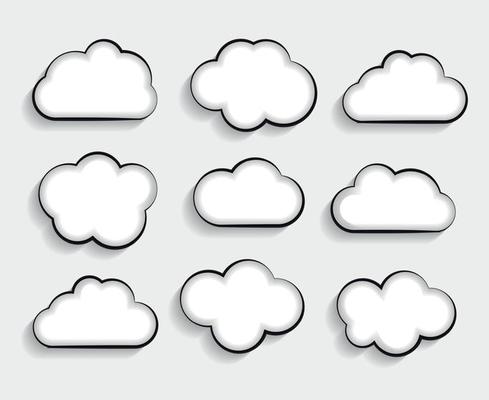 Set of Flat Cloud Shaped Frames with Long Shadows Vector Illustration