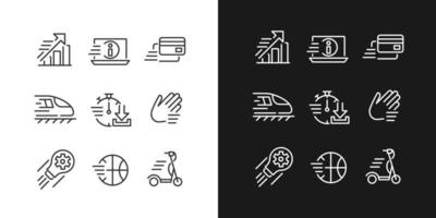 Moving objects pixel perfect linear icons set for dark, light mode. Raising and development. Electric scooter. Thin line symbols for night, day theme. Isolated illustrations. Editable stroke vector