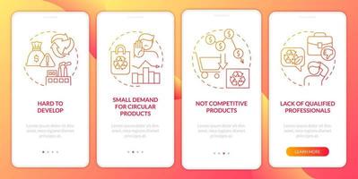 Circular economy obstacles red gradient onboarding mobile app screen. Walkthrough 4 steps graphic instructions pages with linear concepts. UI, UX, GUI template. vector