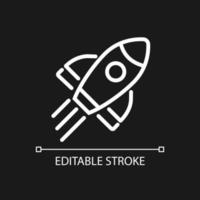 Rocket pixel perfect white linear icon for dark theme. Launch spacecraft into cosmos. Space shuttle. Start up. Thin line illustration. Isolated symbol for night mode. vector