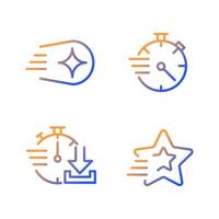 Speed and time gradient linear vector icons set. Shooting star and comet. Stopwatch. Quick download. Thin line contour symbol designs bundle. Isolated outline illustrations collection