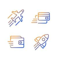 Flying transport gradient linear vector icons set. Digital payment. Money transfer. Launch rocket. Thin line contour symbol designs bundle. Isolated outline illustrations collection