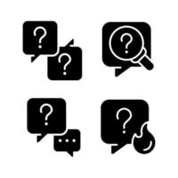 Question marks and speech bubbles black glyph icons set on white space. Answers and information storage. Support service. Silhouette symbols. Solid pictogram pack. Vector isolated illustration