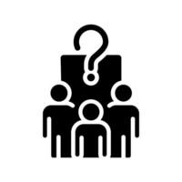 Common question black glyph icon. People group and question mark. Searching for social problems solution. Silhouette symbol on white space. Solid pictogram. Vector isolated illustration