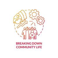 Breaking down community life red gradient concept icon. Homelessness effect abstract idea thin line illustration. Growing sense of isolation. Isolated outline drawing. vector