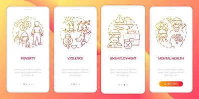 Homelessness causes red gradient onboarding mobile app screen. Walkthrough 4 steps graphic instructions pages with linear concepts. UI, UX, GUI template. vector