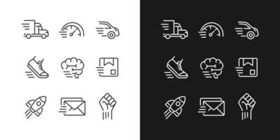 Motion and speed pixel perfect linear icons set for dark, light mode. Fast motor vehicle. Parcel and letter delivery. Thin line symbols for night, day theme. Isolated illustrations. Editable stroke vector