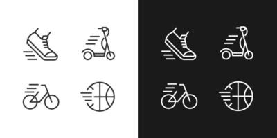 Iconos lineales perfectos de píxeles de actividad deportiva establecidos para modo oscuro y claro. jugando al baloncesto. andando en bicicleta, montando la bicicleta. ocio. símbolos de línea delgada para el tema de la noche y el día. ilustraciones aisladas. trazo editable vector