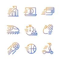 Moving objects gradient linear vector icons set. Digital payment. Raising and development. Electric scooter. Thin line contour symbol designs bundle. Isolated outline illustrations collection