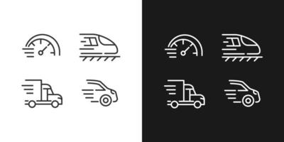 Iconos lineales perfectos de píxeles de transporte rápido establecidos para el modo oscuro y claro. tren y automóvil. entrega y tránsito. símbolos de línea delgada para el tema de la noche y el día. ilustraciones aisladas. trazo editable vector