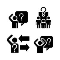 Asking and answering questions black glyph icons set on white space. Sharing information. Social communication building. Silhouette symbols. Solid pictogram pack. Vector isolated illustration