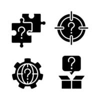 Searching of new problem solutions black glyph icons set on white space. Question marks usage. Looking for alternative answers. Silhouette symbols. Solid pictogram pack. Vector isolated illustration