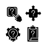 Questions and answers in technical support black glyph icons set on white space. Digital data storage access. Helping service. Silhouette symbols. Solid pictogram pack. Vector isolated illustration