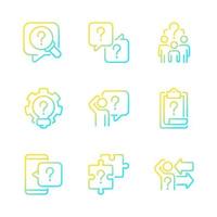 Solving different questions gradient linear vector icons set. Looking for answers and information support. Thin line contour symbol designs bundle. Isolated outline illustrations collection