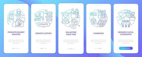 Providing support to homeless blue gradient onboarding mobile app screen. Walkthrough 5 steps graphic instructions pages with linear concepts. UI, UX, GUI template. vector