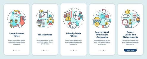 fomentar la actividad empresarial incorporando la pantalla de la aplicación móvil. tutorial de crecimiento 5 pasos páginas de instrucciones gráficas con conceptos lineales. interfaz de usuario, ux, plantilla de interfaz gráfica de usuario. vector