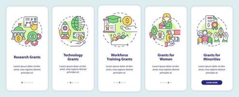 Types of grants onboarding mobile app screen. Program for business walkthrough 5 steps graphic instructions pages with linear concepts. UI, UX, GUI template. vector