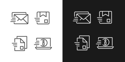 Information transmission pixel perfect linear icons set for dark, light mode. Letter and parcel delivery. Digital data. Thin line symbols for night, day theme. Isolated illustrations. Editable stroke vector