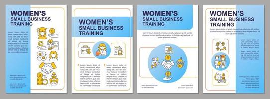 Training for women in small business blue brochure template. Leaflet design with linear icons. 4 vector layouts for presentation, annual reports.