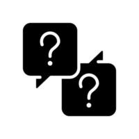 Misunderstanding black glyph icon. Communication issues overcoming. Speech balloons with question marks. Silhouette symbol on white space. Solid pictogram. Vector isolated illustration