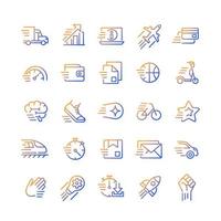 Motion gradient linear vector icons set. Motor vehicle. Sport activity. Dynamic movement. Development. Thin line contour symbol designs bundle. Isolated outline illustrations collection