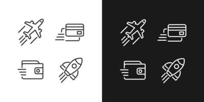 Flying transport pixel perfect linear icons set for dark, light mode. Digital payment. Money transfer. Launch rocket. Thin line symbols for night, day theme. Isolated illustrations. Editable stroke vector