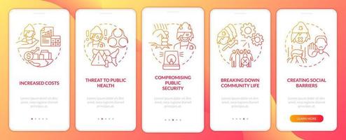 Homelessness impact on society red gradient onboarding mobile app screen. Walkthrough 5 steps graphic instructions pages with linear concepts. UI, UX, GUI template. vector