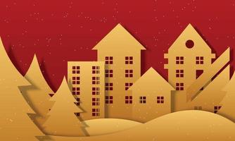 Gold town with tree and white snow in paper style on red background. vector