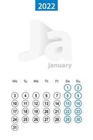 Calendar for January 2022, blue circle design. English language, week starts on Monday. vector