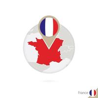 France map and flag in circle. Map of France, France flag pin. Map of France in the style of the globe. vector