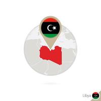 Libya map and flag in circle. Map of Libya, Libya flag pin. Map of Libya in the style of the globe. vector