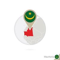 Mauritania map and flag in circle. Map of Mauritania, Mauritania flag pin. Map of Mauritania in the style of the globe. vector