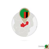 Zambia map and flag in circle. Map of Zambia, Zambia flag pin. Map of Zambia in the style of the globe. vector