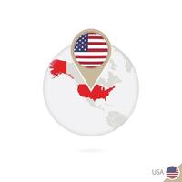 USA map and flag in circle. Map of USA, USA flag pin. Map of USA in the style of the globe. vector