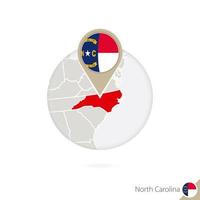 North Carolina US State map and flag in circle. Map of North Carolina, North Carolina flag pin. Map of North Carolina in the style of the globe. vector