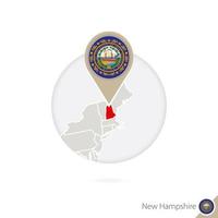 New Hampshire US State map and flag in circle. Map of New Hampshire, New Hampshire flag pin. Map of New Hampshire in the style of the globe.